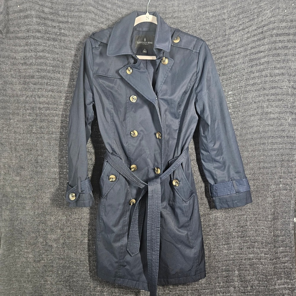 London Fog Navy Blue Double Breasted Trench Coat with Hood Petite Large PL